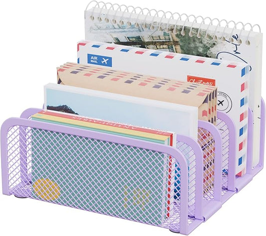 Mail Organizer Countertop, Metal File Holder with 5-Slot, Small Desk File Organizer for Letter, Bill, Mail Sorter, Desktop Letter Folder Holders for Office, Home, School (Purple)