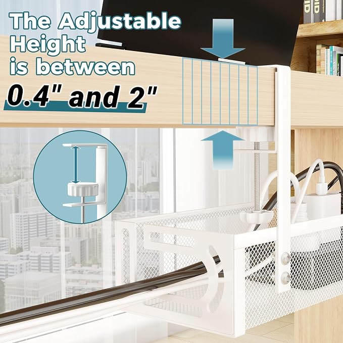 Cable Management Under Desk, 25.3'' No Drill Desk Cable Management Tray with Clamp, Metal Cord Organizer for Standing Desk, Computer Wire Management for Home Office & Gaming Setup, White
