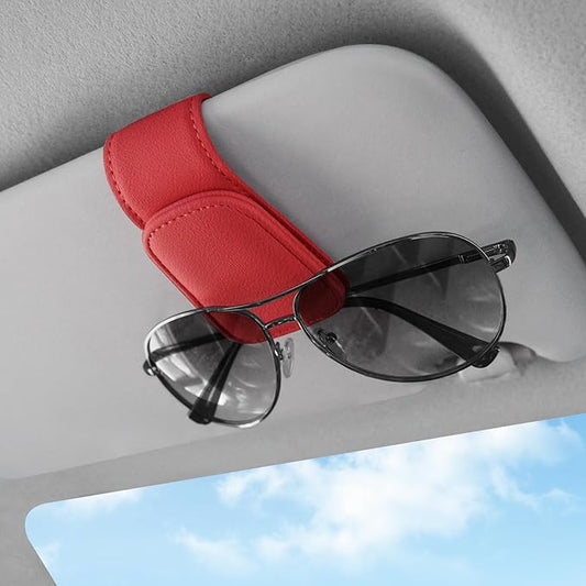 TCJJ Sunglasses Holders for Car Visor,Car Magnetic Glasses Holder Leather Sunglasses Clip and Ticket Card Clip Suitable for Car Interior Visor and Different Size Eyeglasses(Red)