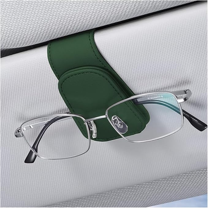 zipelo Sunglasses Holder for Car Sun Visor, Vehicle Magnetic Leather Eyeglass Hanger, Sun Glasses Mount Clip on Visors, Ticket Card Cash Organizer, Auto Interior Accessories (Black/Green, 1 PCS)
