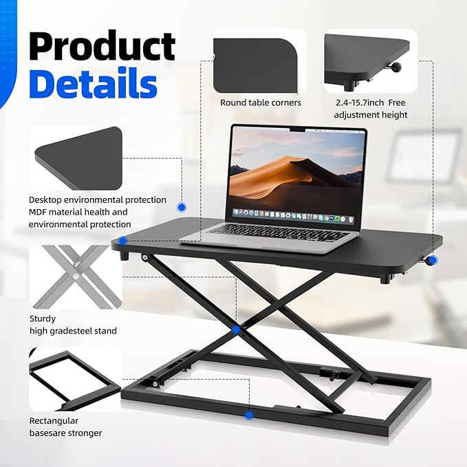 Standing Desk Converter Height Adjustable, Sit to Stand up Desk Riser Computer Workstation use in Laptop and Single Monitor Ergonomic Desktop Workstation for Home Office - Black