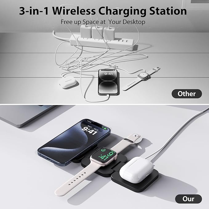 KU XIU Fast Wireless Charger, Magnetic Foldable 3 in 1 Charging Station for iPhone 17/16/15/14/13/12/Pro/Plus/Pro Max, 5W Portable Charger for Apple Watch10/9/8/7/6/5/4/3/SE, for Airpods3/2/Pro-Black