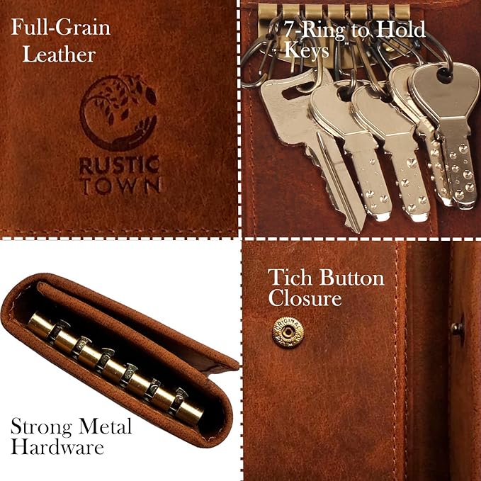 RUSTIC TOWN Leather Key Holder - Smart Fob Car Key Loop Wallet Slim Keychain Pouch - Practical Key Organizer for Men & Women