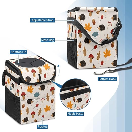 Car Trash Can Hedgehogs Maple Leaves Mushroom Wate-rproof Auto Garbage Bag Car Trash Can with Lid Leak-Proof Car Storage Bag Hanging for Headrest Collapsible and Portable with Storage Mesh Pocket