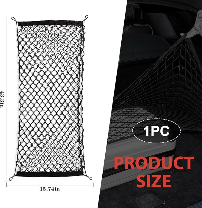 SLIMI 1 PC Rear Cargo Net, Elastic Stretchable Trunk Storage Net, Adjustable Cargo Mesh Net with Hooks, Universal Auto Storage Mesh for Most Cars, SUVs, Trucks (Black)