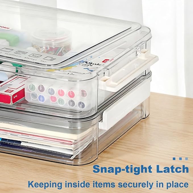 BTSKY 1 Pack Plastic Storage Containers with Lids, Portable Project Case Document Organizer Stackable Plastic File Storage Box for A4 File Paper Documents Scrapbook Art Supplies&Crafts(Big, White)