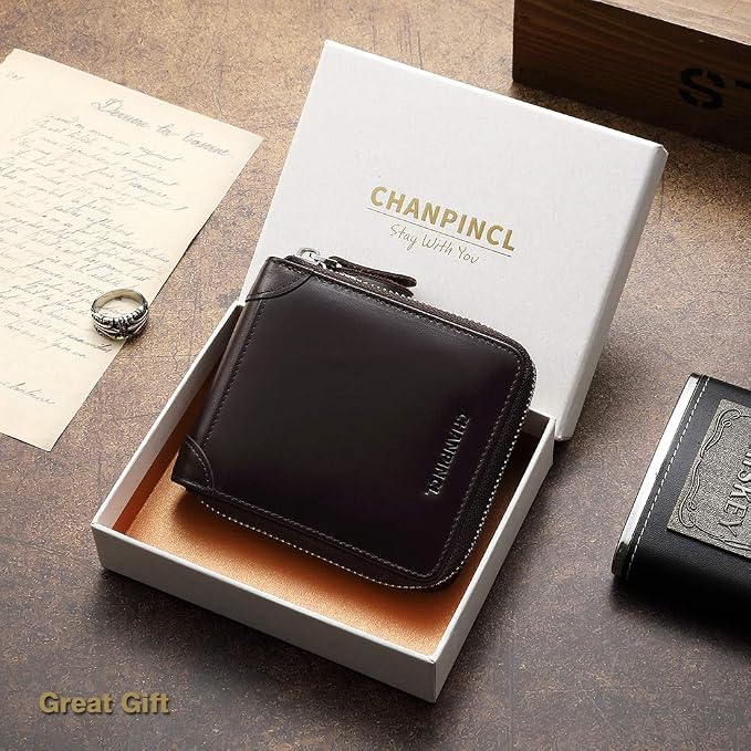 Mens Genuine Leather Zipper Wallet RFID Secure Large Capacity Double Fold Multi-card Leather Wallets for Men and coin purse