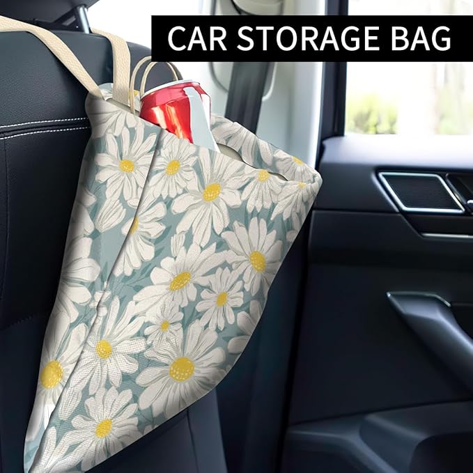Car Trash Can, Cute Car Trash Bag, Hanging Car Organizer and Storage Bag, Trash Bin for Car Accessories, Vehicle, Travelling, Camping Cute Blue White Daisy