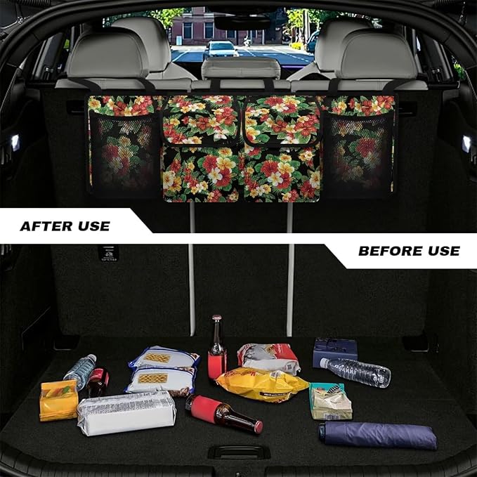 Tropical Flower Leaves Auto Back Seat Trunk Organizer Hanging Car Organizer Trunk Foldable Cargo Storage with 4 Large Pockets 3 Adjustable Straps 37x11.8inch