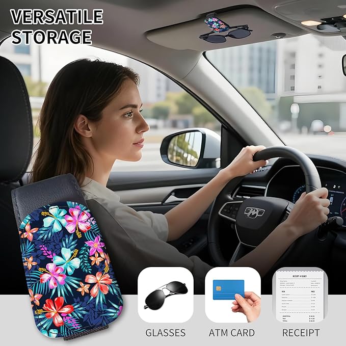 Sunglasses Holder for Car Visor, PU Leather Glasses Clip Organizer, Cute Magnetic Eyeglass Holder for Vehicle Sun Visor, Car Interior Accessory for Women & Men Tropical Neon Flowers