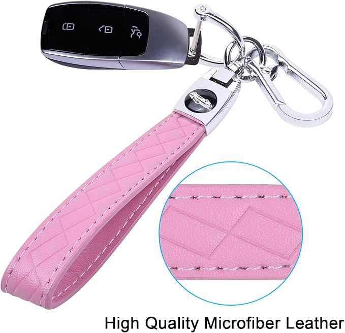 Wisdompro Microfiber Leather Car Keychain, Universal Key Fob Keychain Leather Key Chain Holder with 3 Keyrings and 1 Screwdriver for Men and Women - Pink