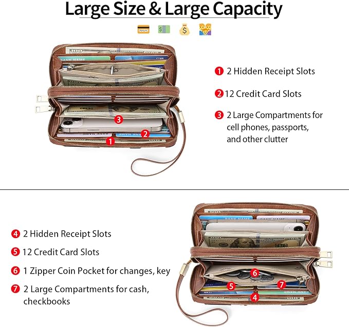 GAEKEAO Wallet for Women Clutch RFID Blocking Wristlet Leather Purse Large Capacity Credit Card Holder with Grip Hand Strap