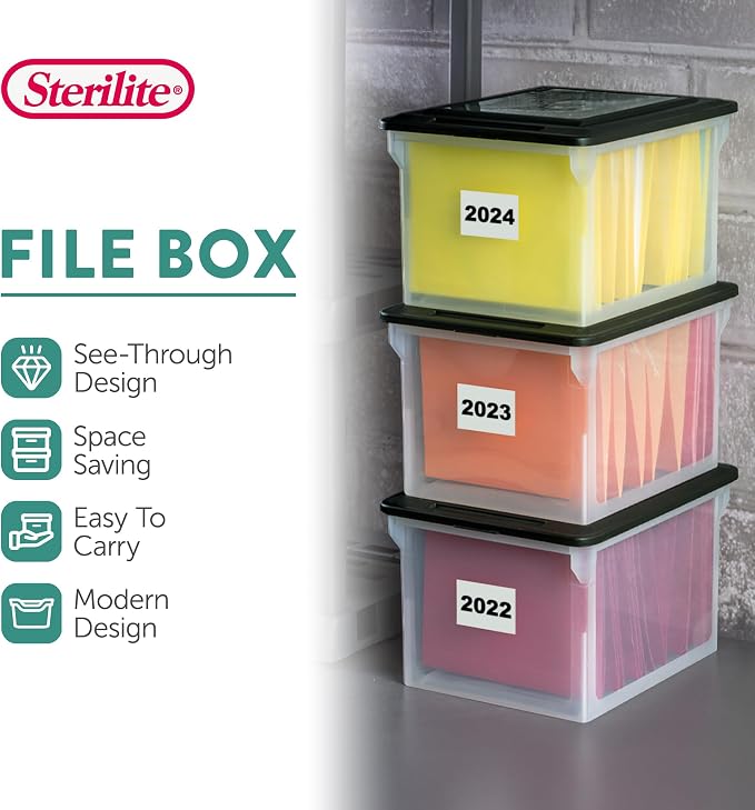 Sterilite 8-Pack File Box, Clear Storage Tote with Black Lid for Letter & Legal Hanging Folders - Stackable Plastic Document and Paper Organizer for Home, Office, and Dorm Organization