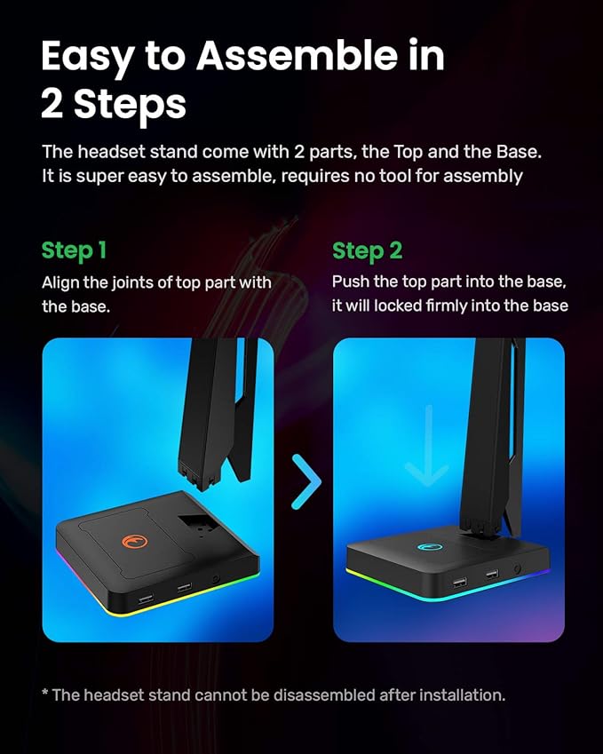 RGB Gaming Headset Stand with 2 USB Ports, Game Headphone Mount for PC, Xbox One, PS4, Switch, Earphone Holder Hanger, Great for Gaming Stations, Fancy Desk Gamer Accessories, Black