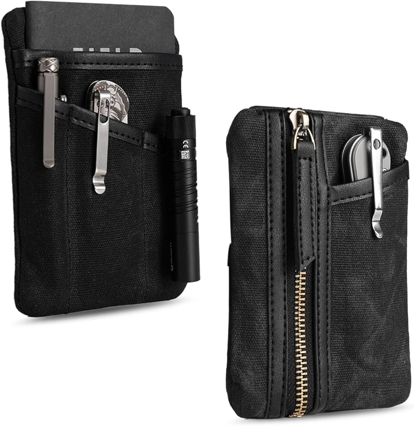 Sayram SP6 EDC Pouch, Waxed Canvas Compact Pocket Organizer, EDC Pocket Pouch for Men, Zippered Pocket Pouch, Mini EDC Organizer for Everyday Carry, Multitool Organizer Pouch (Oil Wax Black)