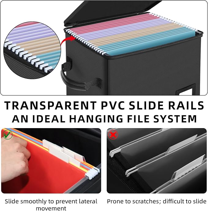 Fireproof File Box with PVC Slides & Dual Zippers, Collapsible Document Organizer Box for Home Office, Fireproof Filing Cabinet Storage Case, Portable File Organizer for Letter A4 Documents, Small