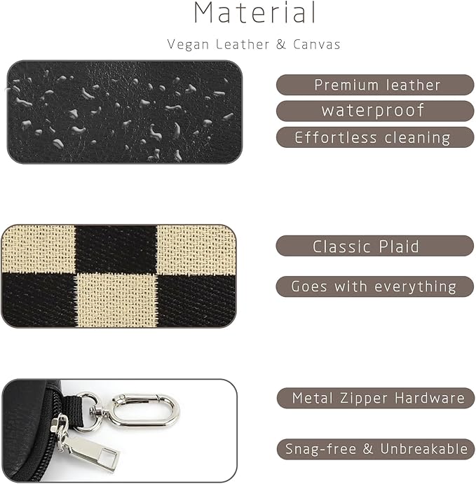 Checkered Dual Pouch Keychain Wallet for Women,Small Mini Zip Leather Coin Purse with Wrist Strap,wristlet hangbags,Black