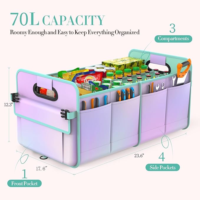 titiyiof Trunk Organizer For Suv&Sedan,Car Organizers&Storage, Waterproof Collapsible & Adjustable Straps,70L Sturdy Car Organization for Car Accessories,Tools,Sundries,2-3Compartment(Colorful Green)