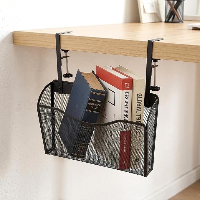 Under Desk Drawer Clamp On Mesh Metal Desk Side Storage Hanging Organizer with Adjustable F-Clamp for Office Home, Black