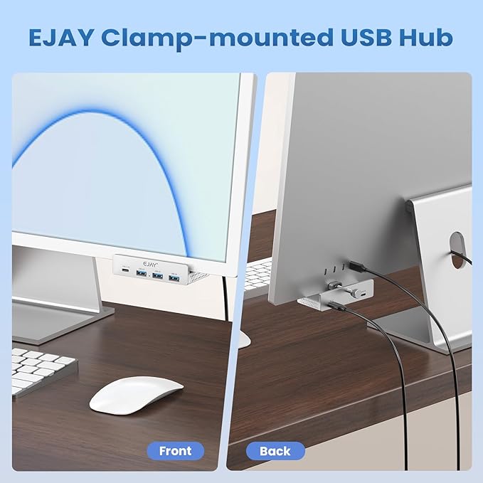 EJAY Mountable 4Ports USB3.0 HUB Alu Desktop Clamp Type C USB3.0 Splitter for Desk/Monitors with Extra Power Supply Port,59inches Data & 39inches Power Cables-5Gbps, Silver