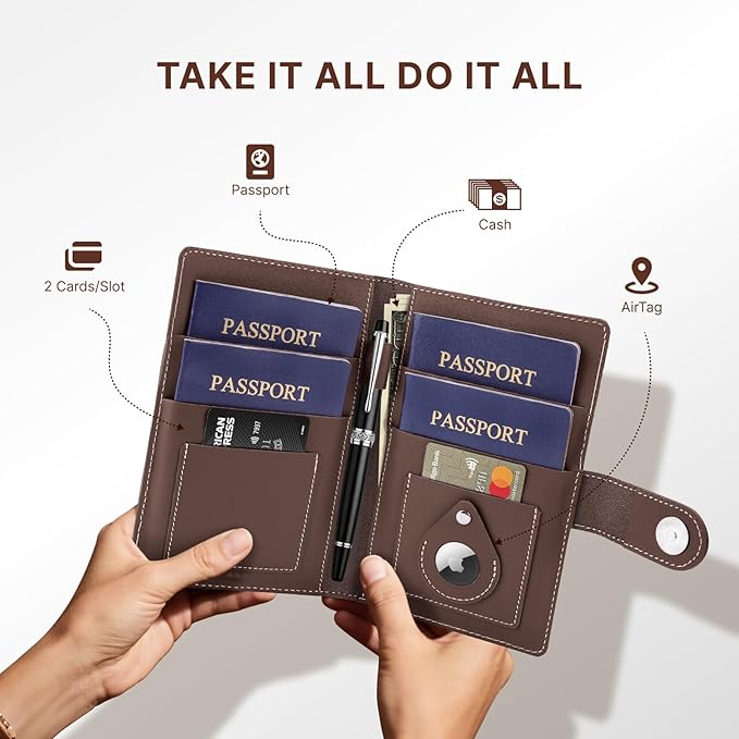 ALLIVE Family Passport Holder, Rfid Blocking Passport Wallet with AirTag Slot, Genuine Leather Travel Document Organizer for Women & Men, Airport Essentials, Travel Gift (Coffee Brown)