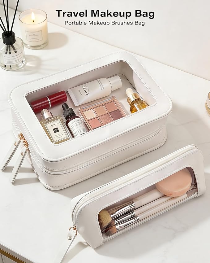 LETGO 2Pack Clear Makeup Bags Set,Portable Makeup Brush Bag,Portable Leather Travel Toiletry Bag Car Eessntials for Women (White)