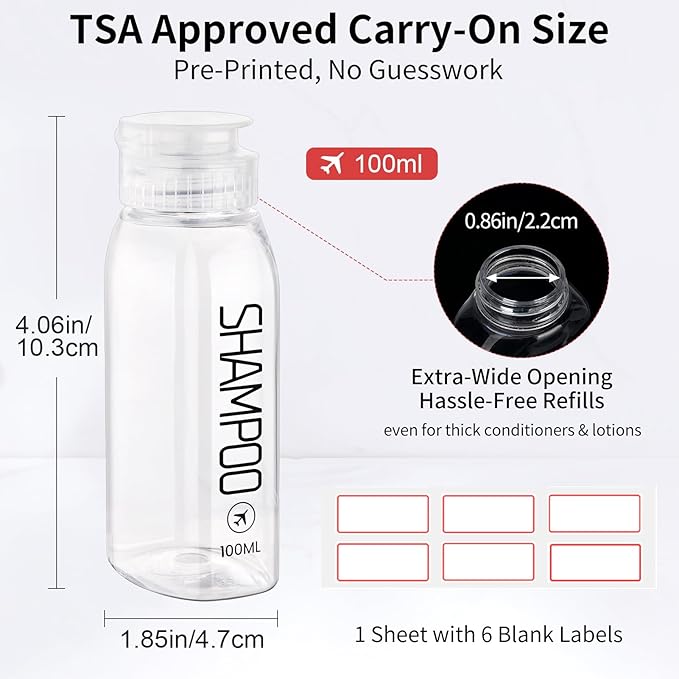 Cosywell Travel Bottles for Toiletries 10PCS 100ml Pre-Printed Shampoo, Conditioner & Body Wash TSA Approved 2oz Travel Spray Bottle Leakproof 0.35oz Plastic Cream Jars Refillable Cream Lotion(Clear)