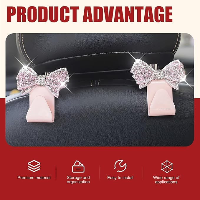 2 PCS Bling Bow Car Headrest Hook, S Type PVC Seat Back Hanger for Purses Bags Grocery, Sparkling Rhinestone Car Seat Hook Storage Decor, Universal for Most Vehicles (Pink)