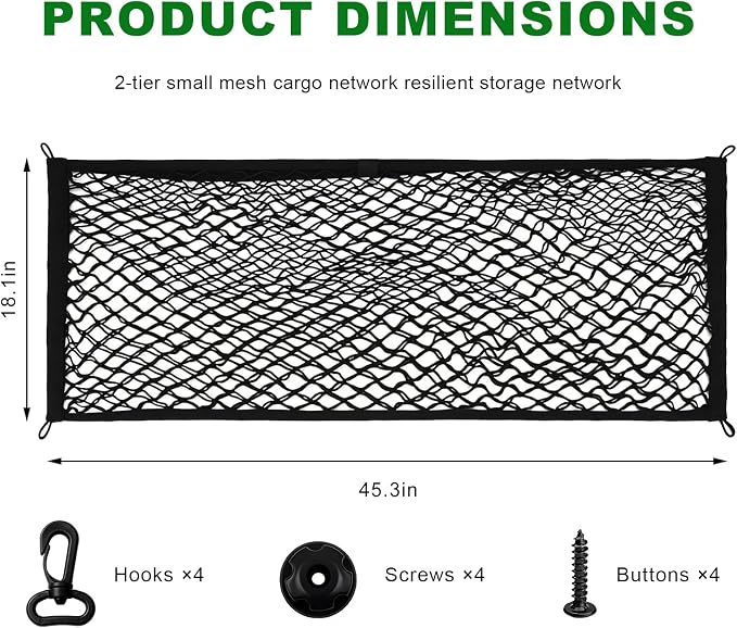 Car Rear Cargo Net, Adjustable Elastic Trunk Storage Net with Mounting Screws & Hooks, Envelope Style Mesh Organizer Cargo Netting for SUV Pickup Truck, Car Accessories (Large)