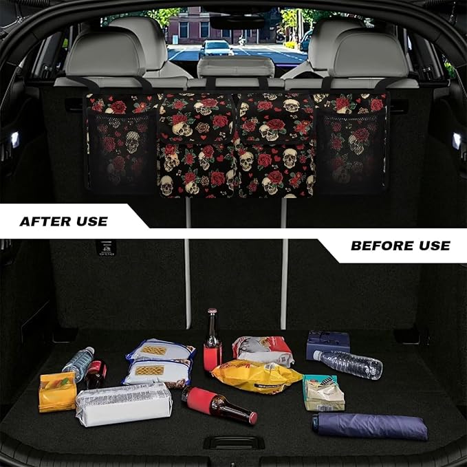 Red Rose Skull Car Trunk Organizer, Backseat Hanging Storage with 4 Large Pockets, Collapsible Cargo Bag with Adjustable Straps Sturdy Space Saving Expert for SUV, Truck, Van