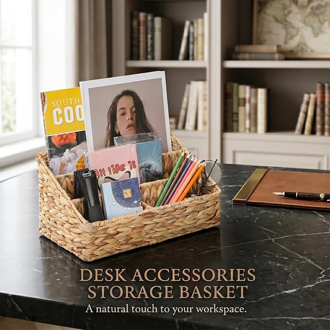 Desk Organizer – Countertop Mail Organizer, Magazine Holder, Boho Decor Water Hyacinth Desk Mail Holder for Home Office, Farmhouse, 12.6" L x 6.7" W x 6.3" H