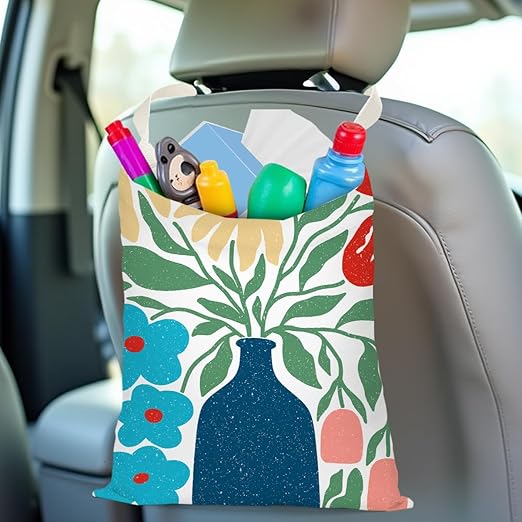 Boho Flower Car Trash Can, Car Trash Bag Hanging, Waterproof Cars Back Seat Hanging Organizer and Storage Trash Bags for Vehicle Travelling Camping