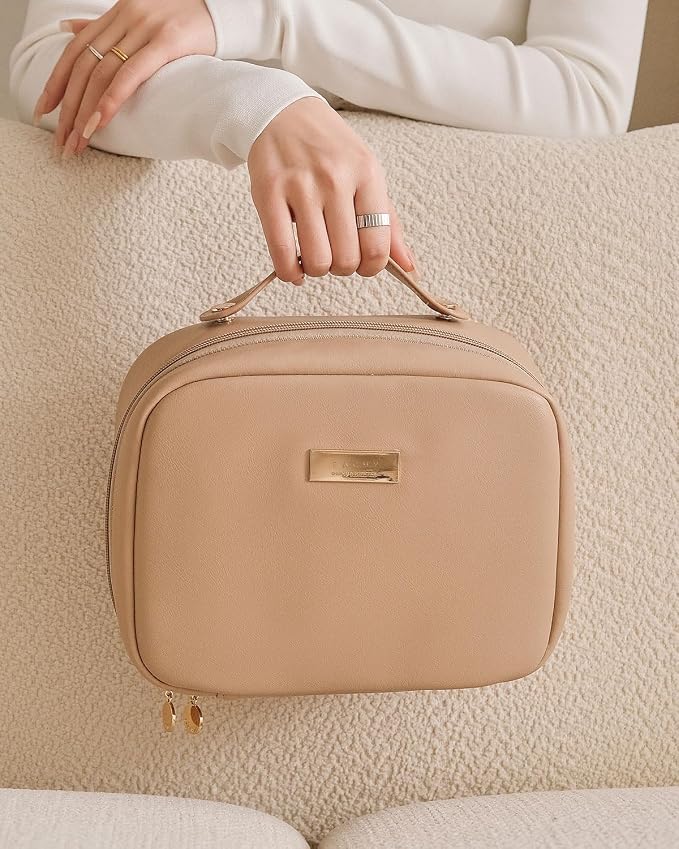 EACHY Travel Makeup Bag, Large Capacity Cosmetic Bag for Women, Waterproof PU Leather, Flat Open Portable Toiletry Bag for Skincare, Brushes & Travel Essentials