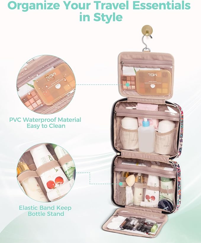 BALULHG Travel Hanging Toiletry Bag for Women,Makeup Bag Cosmetic Organizer Waterproof with Hanging Hook Multiple Pockets for Women Travel Essentials Bohemia