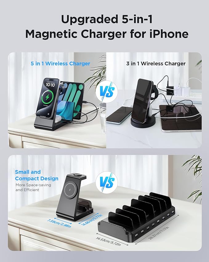 Charging Station for iPhone,5 in 1 Wireless Charger Stand Dock for Apple: Mag-Safe Charging Station for Multiple Devices Apple iPhone 17 16 15 14 13 12 Pro Max Plus iWatch Airpods