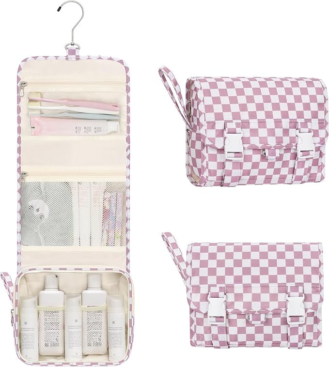 Small Hanging Toiletry Bag for Men and Women, Portable Hanging Organizer for Travel-Sized Dopp Kit, Makeup Accessories, Waterproof Toiletries Organizer with 3 Compartments for Outdoor - Plaid Purple