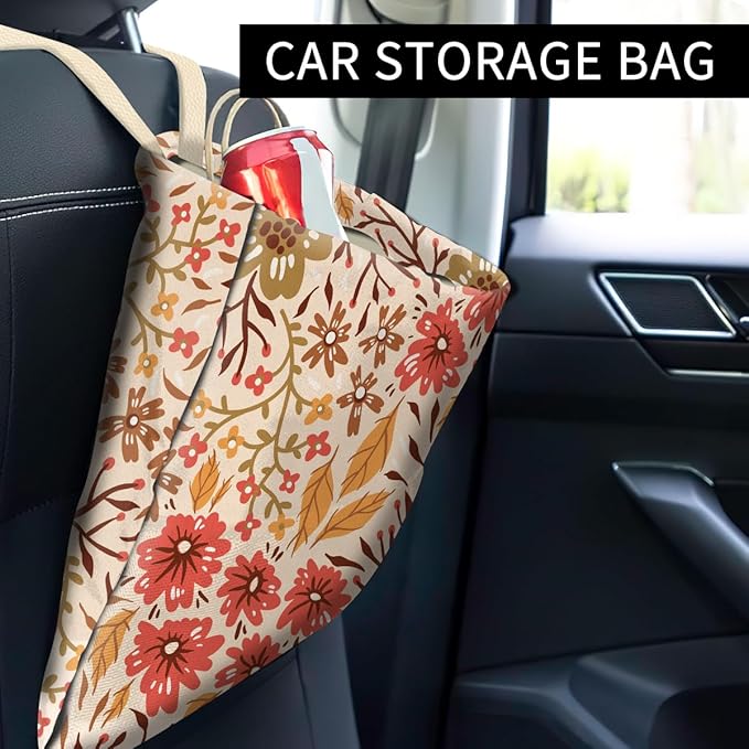 Car Trash Can, Cute Car Trash Bag, Hanging Car Organizer and Storage Bag, Trash Bin for Car Accessories, Vehicle, Travelling, Camping Boho Floral