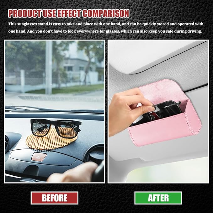 Sunglasses Holder for Car Sun Visor, Leather Auto Eyeglasses Storage Case with Hidden Magnetic Closure, Universal Protective Glasses Organizer Box, Visor Accessories for Woman Man (Pink)