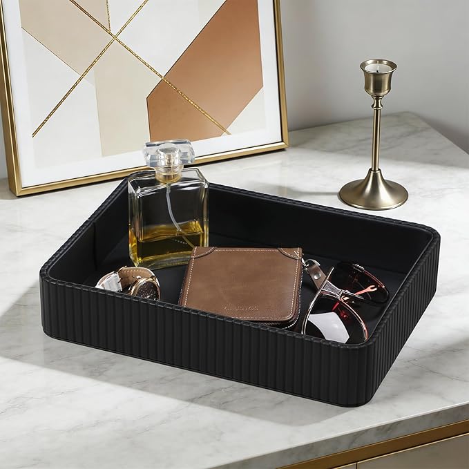 Desk Organizer Tray, PU Leather Nightstand Organizer Perfume Valet Tray for Men Women, Decorative Vanity Trays Trinket Dish Key Bowl for Entryway Table (2pcs, Black, Large+Small)