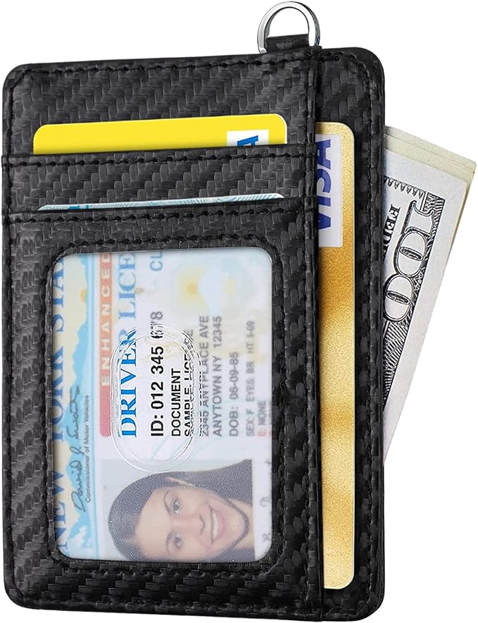 Coco Rossi Slim Front Pocket Wallet RFID ID Card Holder Cute Small Wallet with Keychian for Women,Carbon Fiber