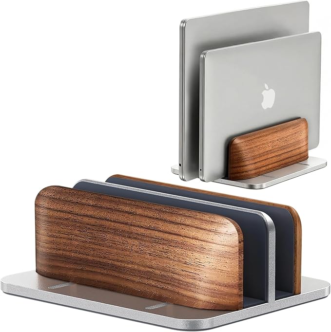 Vertical Laptop Stand, Walnut Dual Laptop Holder with Adjustable Aluminum Alloy Base Laptop Stand Compatible with All MacBok/Surface/Samsung/HP/Dell/Chrome Book (Silver)