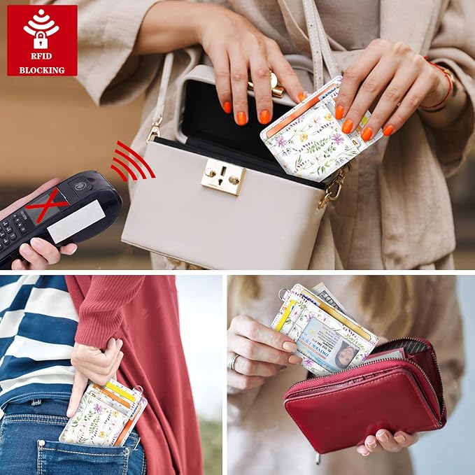 Coco Rossi Slim Front Pocket Wallet RFID ID Card Holder Cute Small Wallet with Keychian for Women,White Daisy