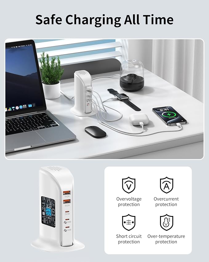 Charging Station for Multiple Devices: 5 USB Ports Wall Charger Block with Extension Cord, PD 20W Fast Charging Hub Charger Tower for iPhone iPad Tablets Smartphones, Home Office Use (White)