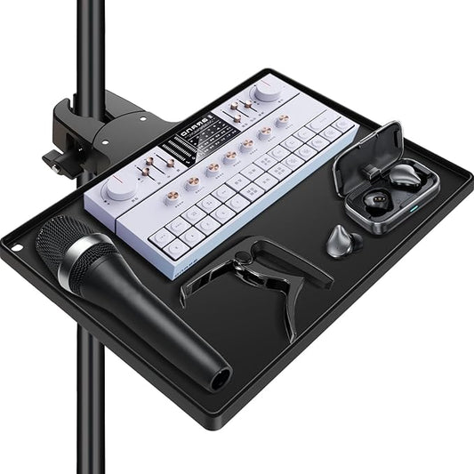 BILIONE Microphone Stand Tray with Crab Clamp, 10.6" x 7.8" Large Tray Shelf Attachment Clamp on Studio Music Floor Stands for Storage