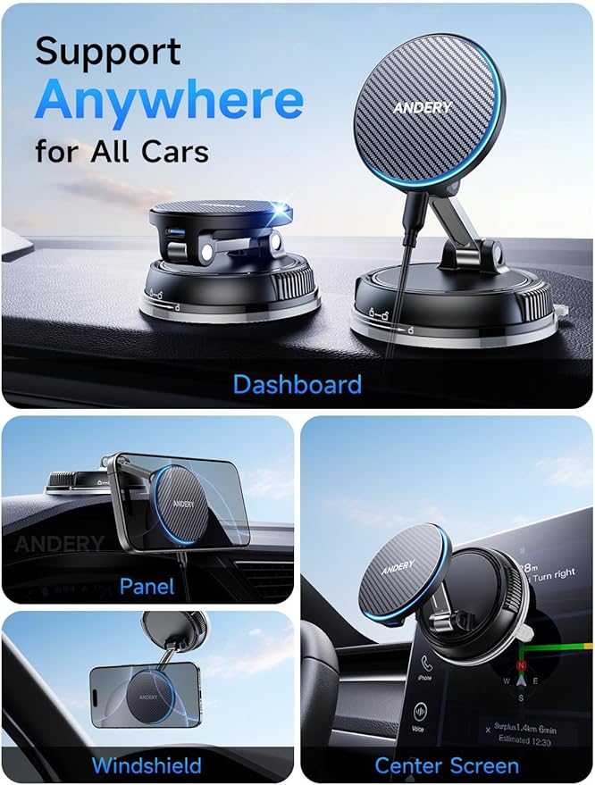 ANDERY Only for iPhone Magsafe Car Mount Charger [15W Wireless Faster Charging, 78+LBS Strongest Suction, 2400gf Strongest Magnetic] 360° Adjustable Car Phone Holder for All Smartphones & Cars