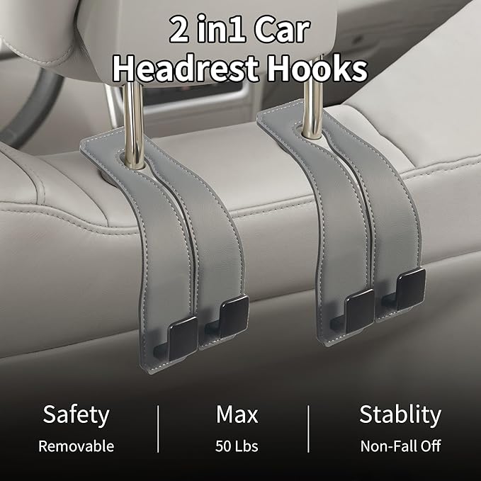 vidonio 2 Pack Double Car Seat Hooks for Headrest, Rotatable Purse Holder for Car, Premium Leather Car Hooks for Purses and Bags, Headrest Hooks and Storage Accessories (Grey)