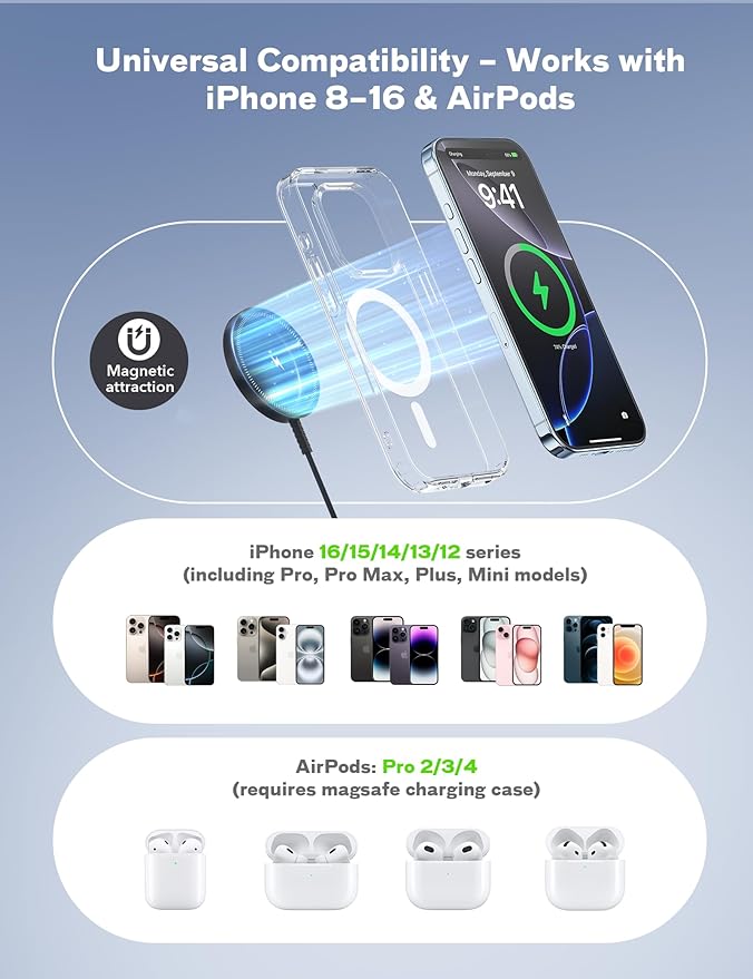 Bohuma Magnetic Wireless Charger – Compatible with iPhone 12-17 Series Airpods - Sleek Lightweight Design with Fast Charging – Ideal for Travel Work & Home – Black