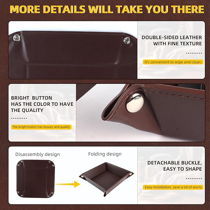 Valet Tray for Men Women - PU Leather Travel Catchall Tray Organizer - Desk Bedside Nightstand Storage Box for Jewelry Key Phone Remote Controller Wallet Watch Glasses Coin Readers - Square