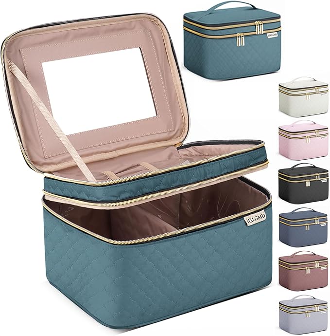 HXLGMD Large Makeup Bag with Mirror Double Layer Travel Make Up Organizer Case, Large Capacity Coemetic with Brush Slot Divider, Travel Toiletry Bag for Women (Lake Blue)