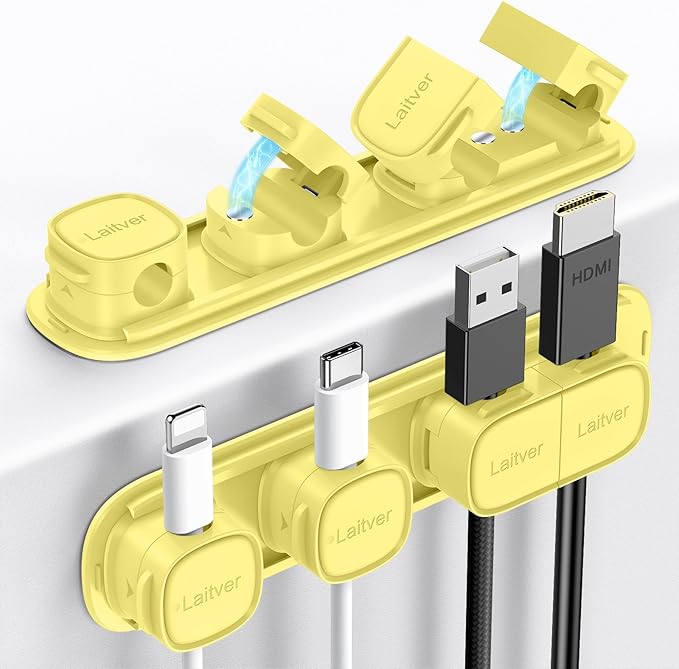 6 Pack Magnetic Cable Clips [1s Open/Lock], Laitver Cord Organizer Holder Strong Adhesive Desk Cable Management- Organize Charging Cords Neatly for Home, Office, Car,Desk, Nightstand-Cream Yellow